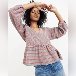 Madewell Striped Bubble-Sleeve Peplum Top